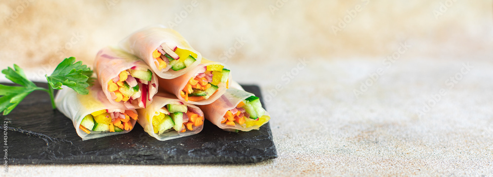 spring roll nem vietnamese rolls rice paper vegetable rice paper dish on the table healthy meal snack copy space food background rustic. top view