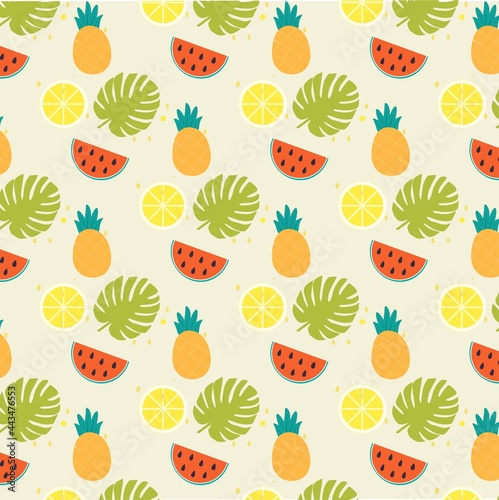 Fototapeta Naklejka Na Ścianę i Meble -  Seamless Tropical Fruit pattern with lemon,  pineapple, watermelon,leaves.