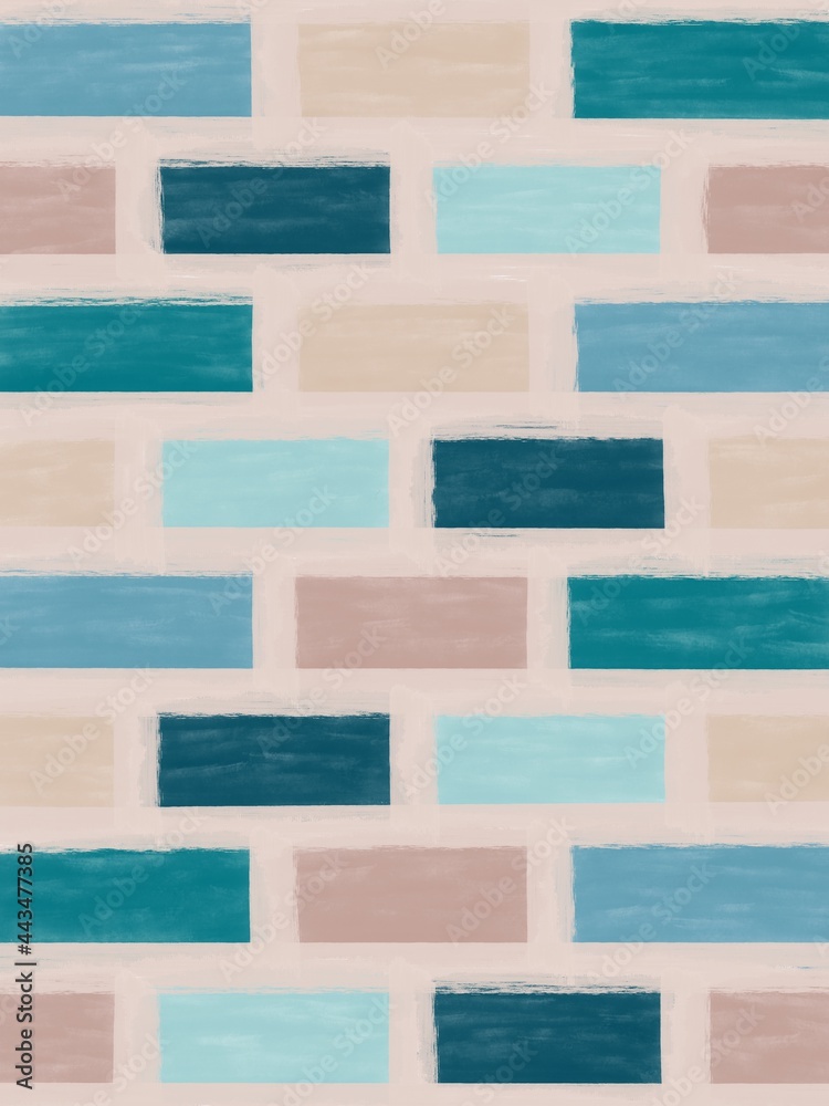 Fototapeta premium Abstract geometric background with bricks and stripes. Blue and beige colors. Hand drawn.
