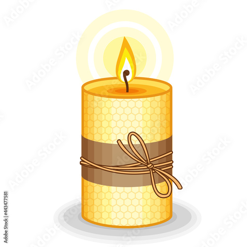 Vector yellow candle handmade from beeswax. Burning beeswax candles