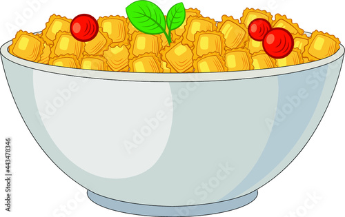 Vector ravioli bowl illustration, tomatoes and oregano leaves, ravioli plate isolated on white background.

