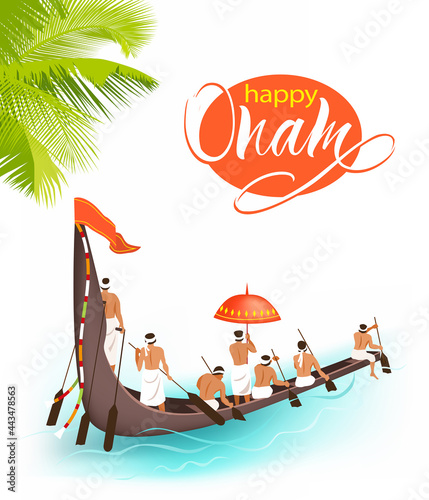 Greeting background with boat race (vallamkali) for South India harvest festival Onam. Vector illustration. photo