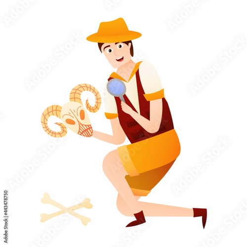 Fossil discovery, man archaeologist holding skeleton in cartoon style isolated on white background, animal skull, ancient history