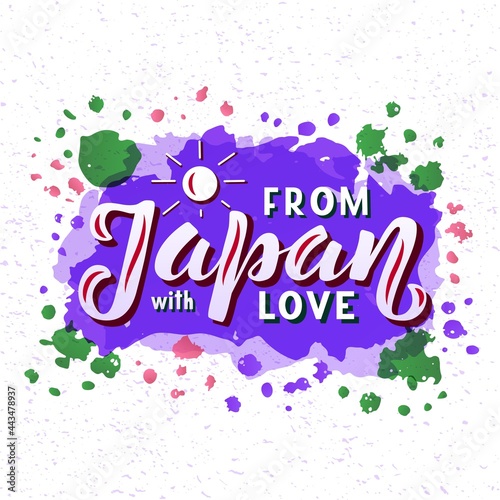 Hand drawn vector quote with color lettering on textured background From Japan with Love for poster, card, banner, social media, mobile app, advertising, info message, invitation, sticker, template