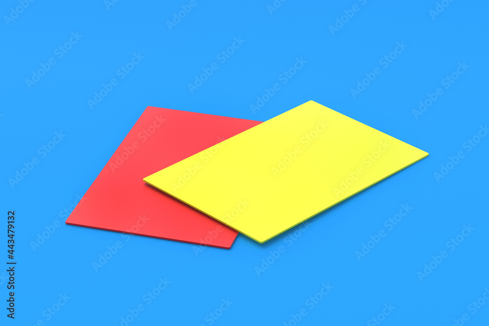Yellow and red cards for playing soccer on blue background. Violation of the rules of the game. Disciplinary action or disqualification of a player or team. Fair play and refereeing. 3d render Yellow and red cards for playing soccer on blue background. Violation of the rules of the game. Disciplinary action or disqualification of a player or team. Fair play and refereeing. 3d render