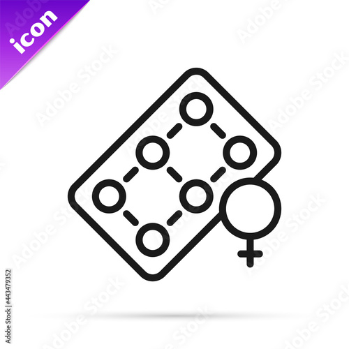 Black line Packaging of birth control pills icon isolated on white background. Contraceptive pill. Vector