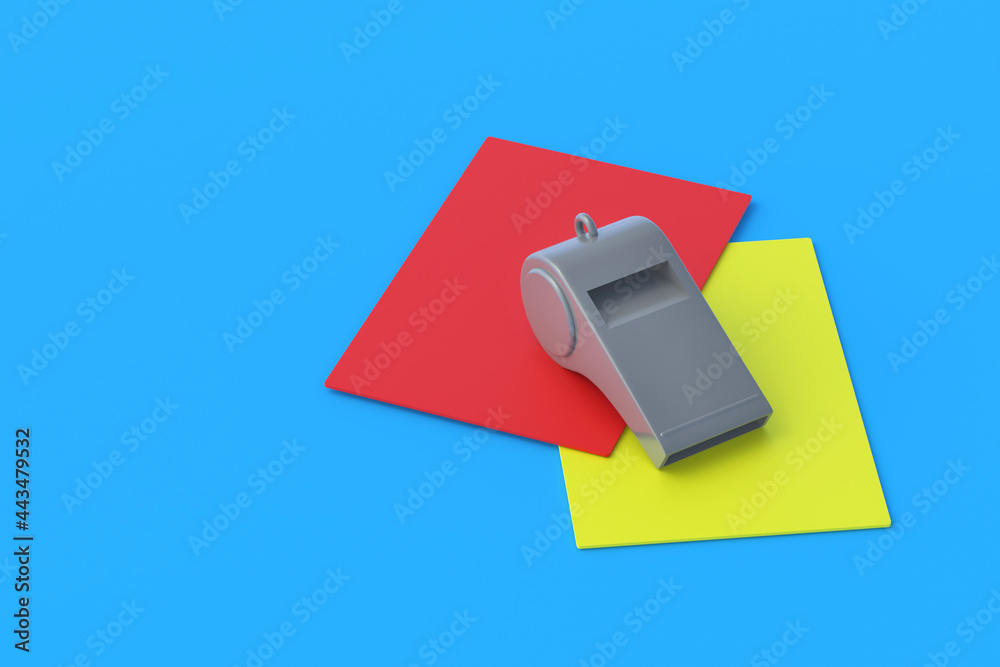 Whistle near yellow and red cards for playing soccer on blue background. Violation of the rules of the game. Penalty or disqualification of a player or team. Fair play and refereeing. 3d render Whistle near yellow and red cards for playing soccer on blue background. Violation of the rules of the game. Penalty or disqualification of a player or team. Fair play and refereeing. 3d render