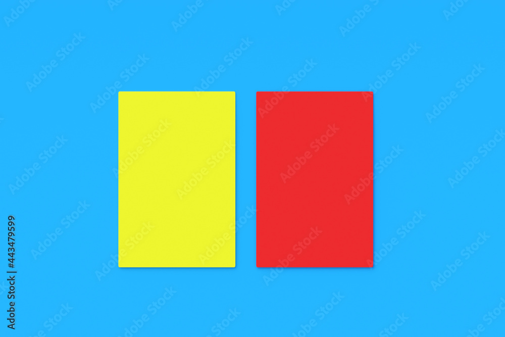 Yellow and red cards for playing soccer on blue background. Violation of the rules of the game. Disciplinary action or disqualification of a player or team. Fair play and refereeing. 3d render Yellow and red cards for playing soccer on blue background. Violation of the rules of the game. Disciplinary action or disqualification of a player or team. Fair play and refereeing. 3d render