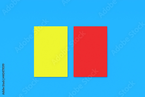 Yellow and red cards for playing soccer on blue background. Violation of the rules of the game. Disciplinary action or disqualification of a player or team. Fair play and refereeing. 3d render