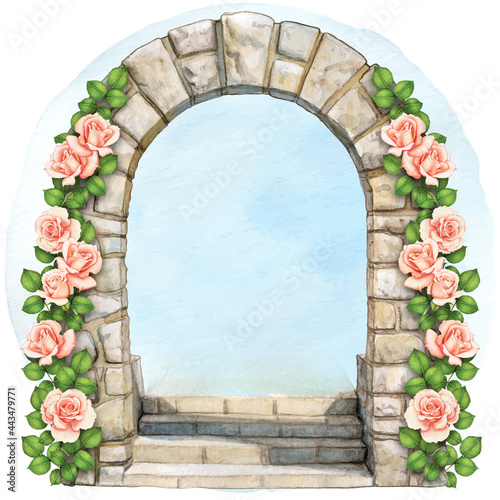 watercolor stone arch with pink roses