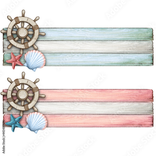 Watercolor wooden banner with boat helm and seashells