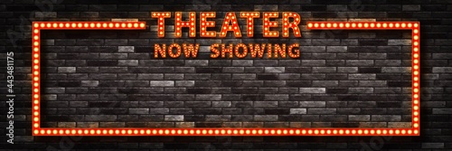 Vector realistic isolated retro marquee billboard with electric light lamps of Theater Now Showing frame logo for invitation on the wall background.