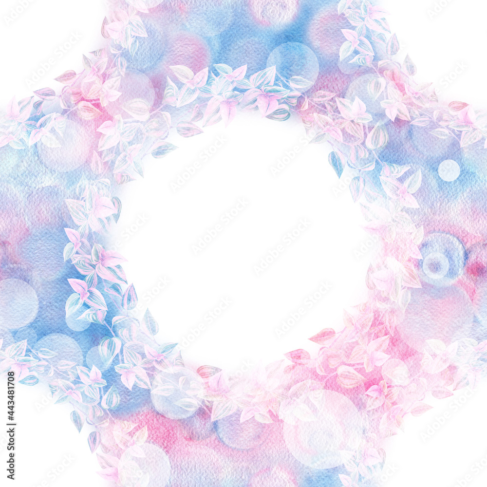 Obraz premium The leaves on the branches are Tradescantia. Seamless pattern on a watercolor background. Plant motives. Use printed materials, signs, items, websites, maps, posters, postcards, packaging.