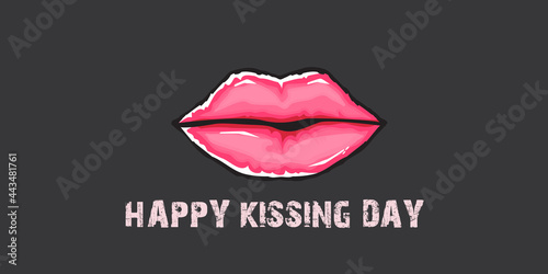 Happy kissing day horizontal banner with cartoon glossy red lips isolated on grey background. Kiss day vector concept illustration with sexy smiling woman mouth icon