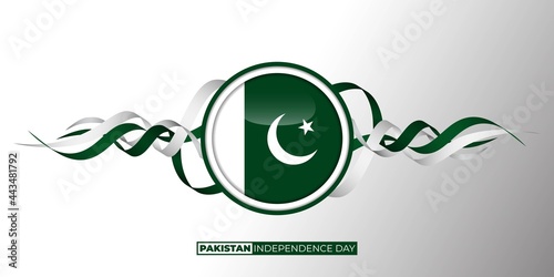 Pakistan Independence Day design with Pakistan circle flag and flying ribbon.
