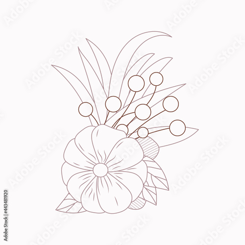 Flower arrangement in monochrome light pink color scheme. Outline of flowers and leaves. Flat vector illustration of flower elements for postcards and invitations
