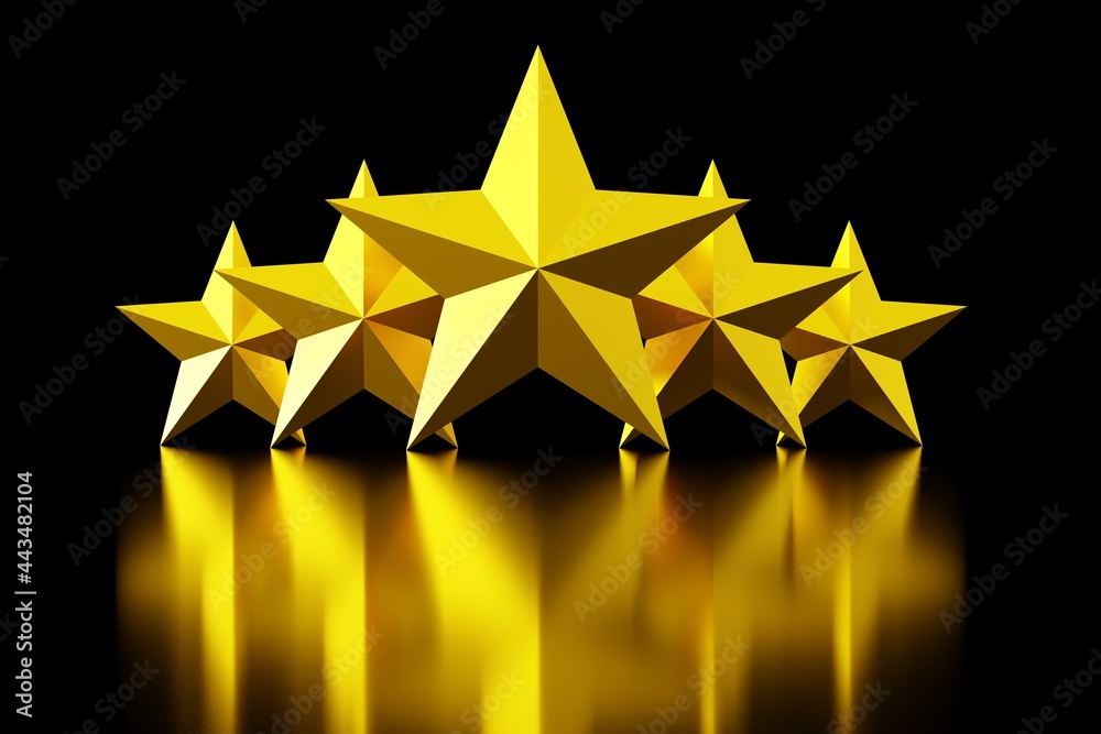 Fototapeta premium Five golden stars on black background, product or service quality rating symbol concept