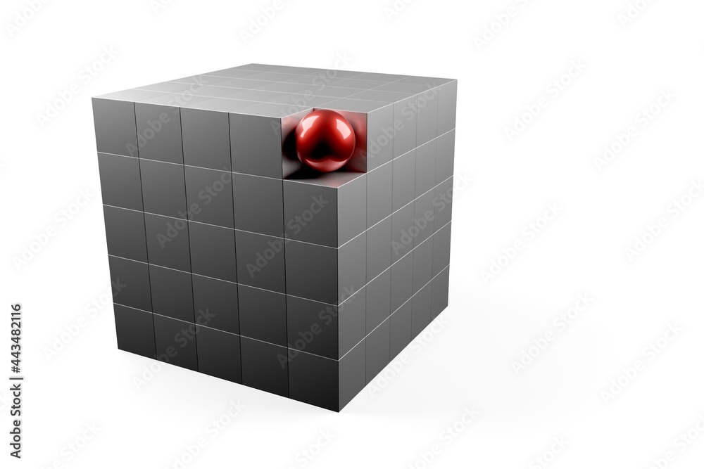 Red sphere in corner of block made from cubes over white background - software module, teamwork or standing out concept Red sphere in corner of block made from cubes over white background - software module, teamwork or standing out concept