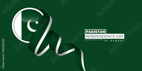 Pakistan Independence Day with Pakistan circle flag and flying ribbon design.