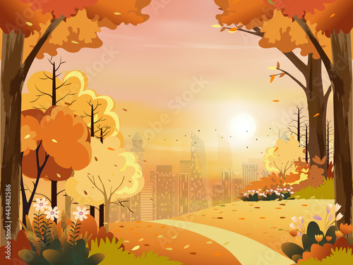 Autumn landscape with city park with pink, orange sky,Vector illustration cute cartoon in Fall season at the town in evening light with Sunset,Cityscape with grass fields and flower in  natural garden