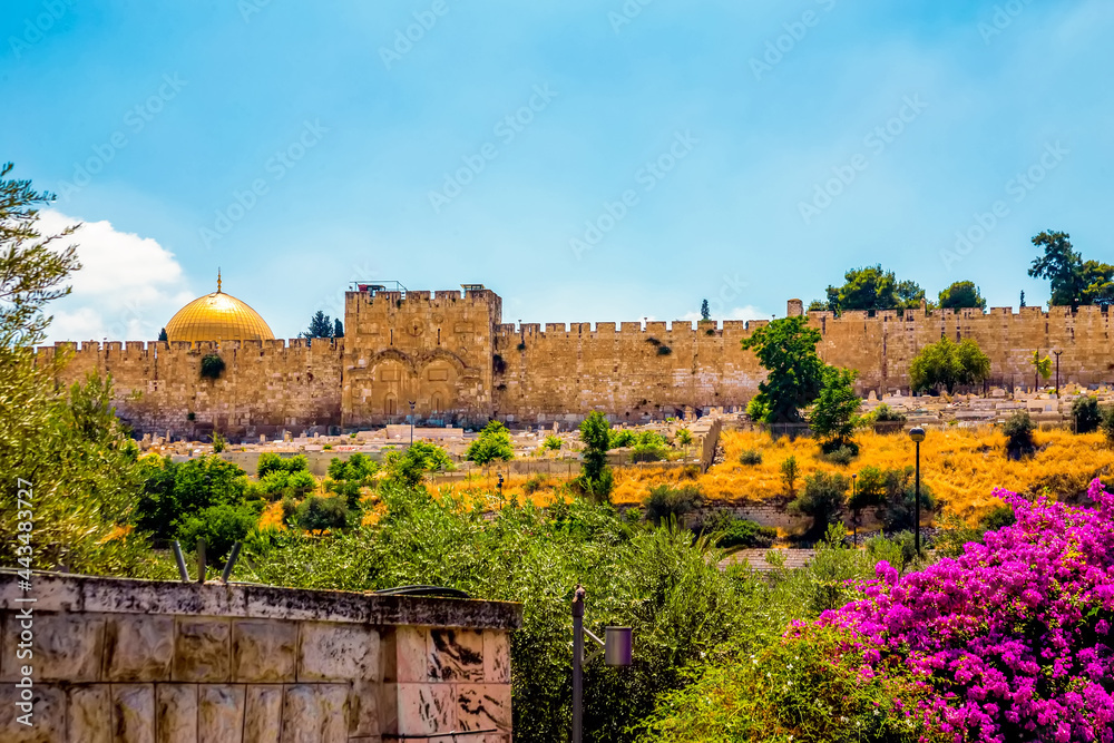 Fototapeta premium the dome of the rock outside the wall of the old city. And Golden Gate. Jerusalem, Israel