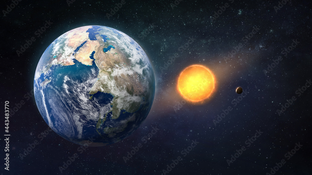 Obraz premium Earth planet in outer space with stars. Sun and stars. Space wallpaper. Blue sky and ocean. Elements of this image furnished by NASA