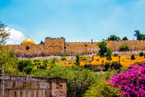 the dome of the rock outside the wall of the old city. And Golden Gate. Jerusalem, Israel