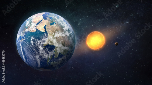 Earth planet in outer space with stars. Sun and stars. Space wallpaper. Blue sky and ocean. Elements of this image furnished by NASA