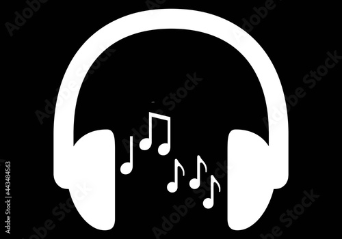 Auriculares o cascos blancos con notas musicales sobre fondo negro