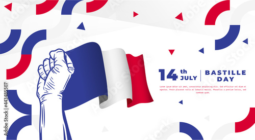 Banner illustration of Bastille Day celebration with Eifel Tower, Waving flag and hands clenched icon. Vector illustration.