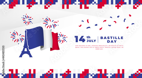 Banner illustration of Bastille Day celebration with Eifel Tower, Waving flag and hands clenched icon. Vector illustration.