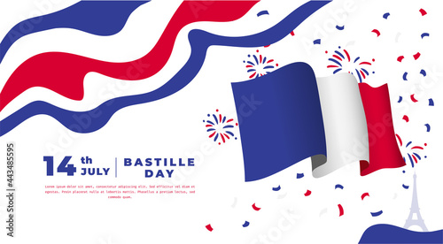 Banner illustration of Bastille Day celebration with Eifel Tower, Waving flag and hands clenched icon. Vector illustration.