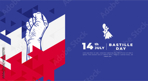 Banner illustration of Bastille Day celebration with Eifel Tower, Waving flag and hands clenched icon. Vector illustration.