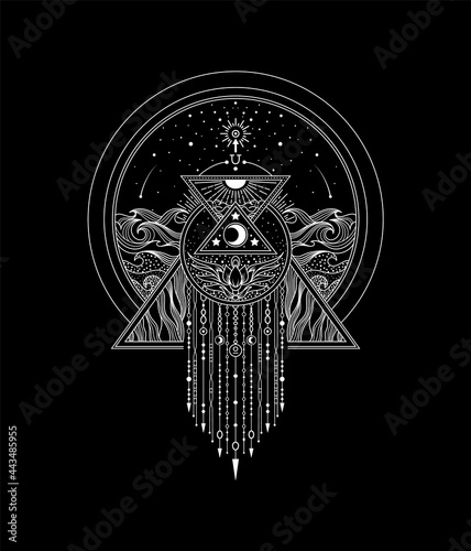 Occult esoteric vector illustration of cosmos and basic elements.
