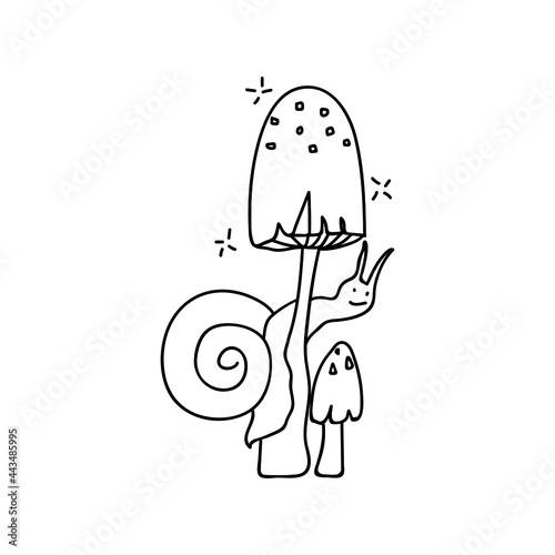 Hand drawn snail climbs on a mushroom. Doodle vector illustration. Isolate on a white background. Goblincore print.