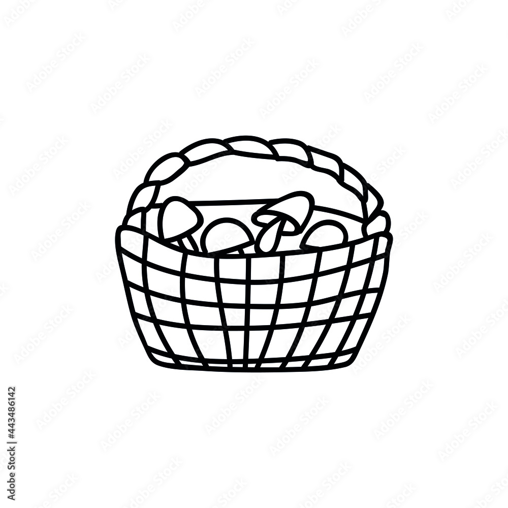 Single hand drawn basket of mushrooms for autumn decoration. Doodle vector illustration. Isolated on a white background. Single hand drawn basket of mushrooms for autumn decoration. Doodle vector illustration. Isolated on a white background.