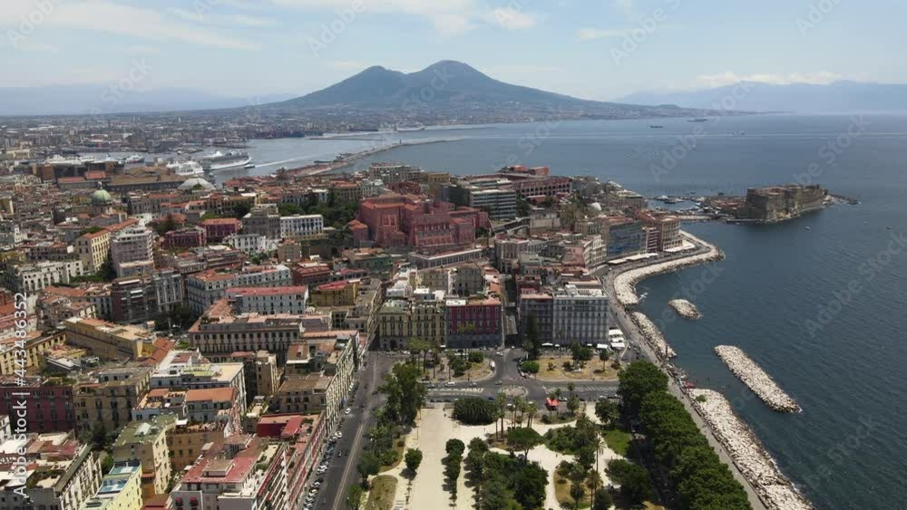 TOP 4K view of Naples. Drone flight over the Italian city of Naples overlooking the sea, castel dell'ovo and Mount Vesuvius. Italy Naples July 2021 TOP 4K view of Naples. Drone flight over the Italian city of Naples overlooking the sea, castel dell'ovo and Mount Vesuvius. Italy Naples July 2021
