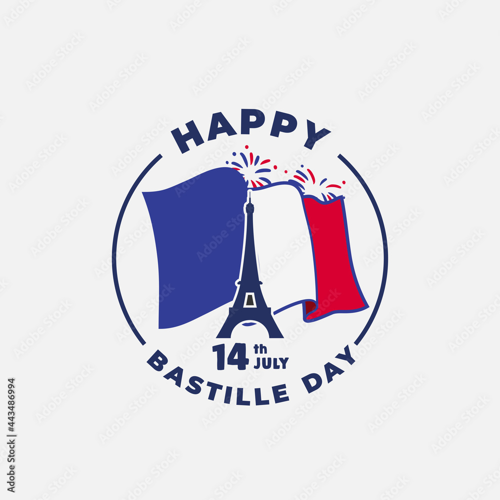 Banner illustration of Bastille Day celebration with Eifel Tower, Waving flag and hands clenched icon. Vector illustration. Banner illustration of Bastille Day celebration with Eifel Tower, Waving flag and hands clenched icon. Vector illustration.