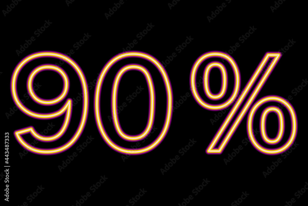 90 percent inscription on a black background. Yellow-purple line in neon style. 90 percent inscription on a black background. Yellow-purple line in neon style.