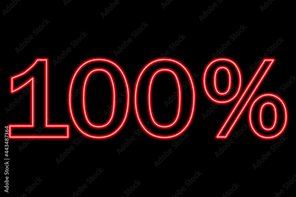 100 percent inscription on a black background. Red line in neon style. 100 percent inscription on a black background. Red line in neon style.