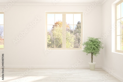 Stylish empty room in white color with autumn landscape in window. Scandinavian interior design. 3D illustration