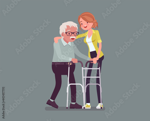 Senior people social support, older adult care and rehabilitation. Female volunteer nursing walker old woman, family love, retirement home treatment, assistance. Vector flat style cartoon illustration
