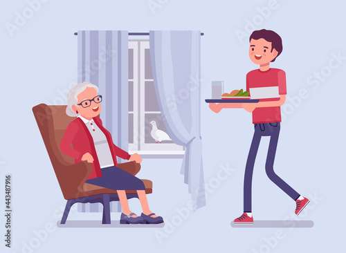 Caregiving elderly people, young man helping senior woman at home. Older adult care, volunteer nursing, assistance, charity, disability social support service. Vector flat style cartoon illustration