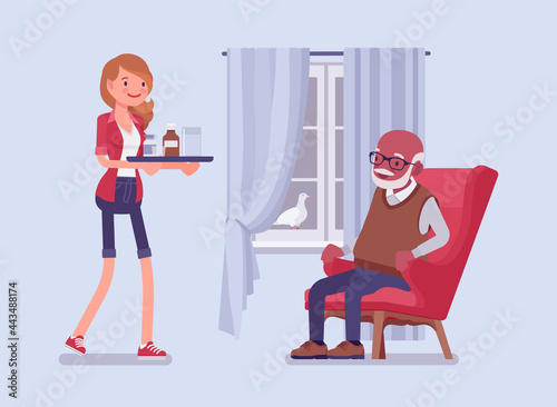 Caregiving elderly people, young woman helping senior man at home. Older adult care, volunteer nursing, assistance, charity, disability social support service. Vector flat style cartoon illustration