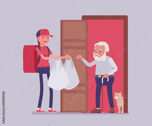 Senior people social support, older adult care, home food delivery service. Assistance, volunteer helping elderly citizen staying home in isolation, loneliness. Vector flat style cartoon illustration