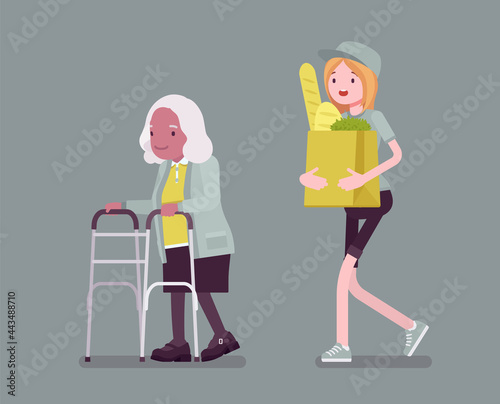 Senior with walker, aged handicapped woman, female volunteer helping. Elderly citizen social support, courier carrying food bags, shop, market delivery service. Vector flat style cartoon illustration