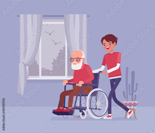 Wheelchair senior, aged handicapped man with male nurse at home. Older adult care, volunteer nursing, assistance, charity, disability social support service. Vector flat style cartoon illustration