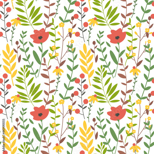 Bright seamless pattern with   artoon flowers  plants and branches.