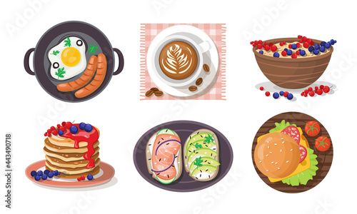 Cartoon set of classic breakfasts: coffee, scrambled eggs, pancakes, porridge, sandwiches.