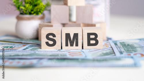 smb concept with wooden blocks, light wooden cubes signs, symbols signs, business office photo